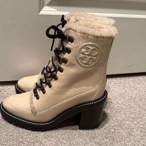 Tory Burch Beige Lace-Up Boots with Black Accents